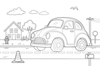 Vienas didelis klasikinis automobilis iš arti, apvalus kėbulas ir dideli apvalūs žibintai – įvairių automobilių spalvinimo paveiksliukas