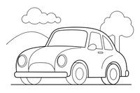 Vienas didelis klasikinis automobilis iš arti, apvalus kėbulas ir dideli apvalūs žibintai – įvairių automobilių spalvinimo paveiksliukas