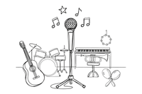 Mikrofonas ant stovo – muzikos instrumentų spalvinimo paveiksliukas