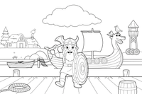 Vikingas su apvaliu šalmu ir skydu, stovintis prie vikingų laivo – istorinių pasaulio asmenybių spalvinimo paveiksliukas