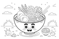 Dubuo ramen sriubos su puse kiaušinio ir daržovėmis (Japonija) – pasaulio patiekalų spalvinimo paveiksliukas