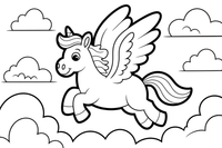 Pegasas skrenda aukštai virš purių debesų – stebuklingo Pegaso skrydžio spalvinimo paveiksliukas