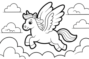 Pegasas skrenda aukštai virš purių debesų – stebuklingo Pegaso skrydžio spalvinimo paveiksliukas