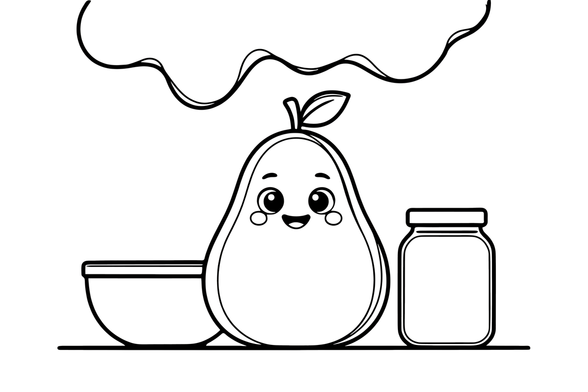Mielas kawaii avokadas su mažytėmis akutėmis ir šypsena – mielų maisto veidukų spalvinimo paveiksliukas