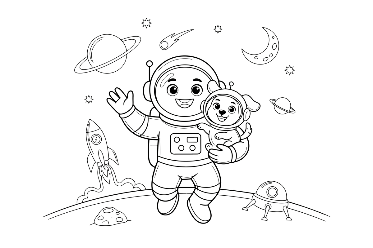 Astronautas su mažu šalmuotu kosminiu šuniuku – astronauto tyrinėtojo spalvinimo paveiksliukas