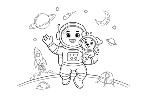 Astronautas su mažu šalmuotu kosminiu šuniuku – astronauto tyrinėtojo spalvinimo paveiksliukas