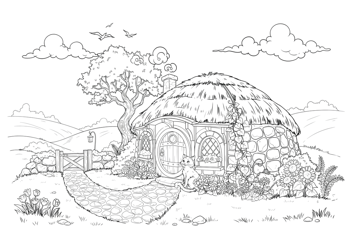 A cozy stone cottage with a thatched roof and a round door – Cottages coloring page