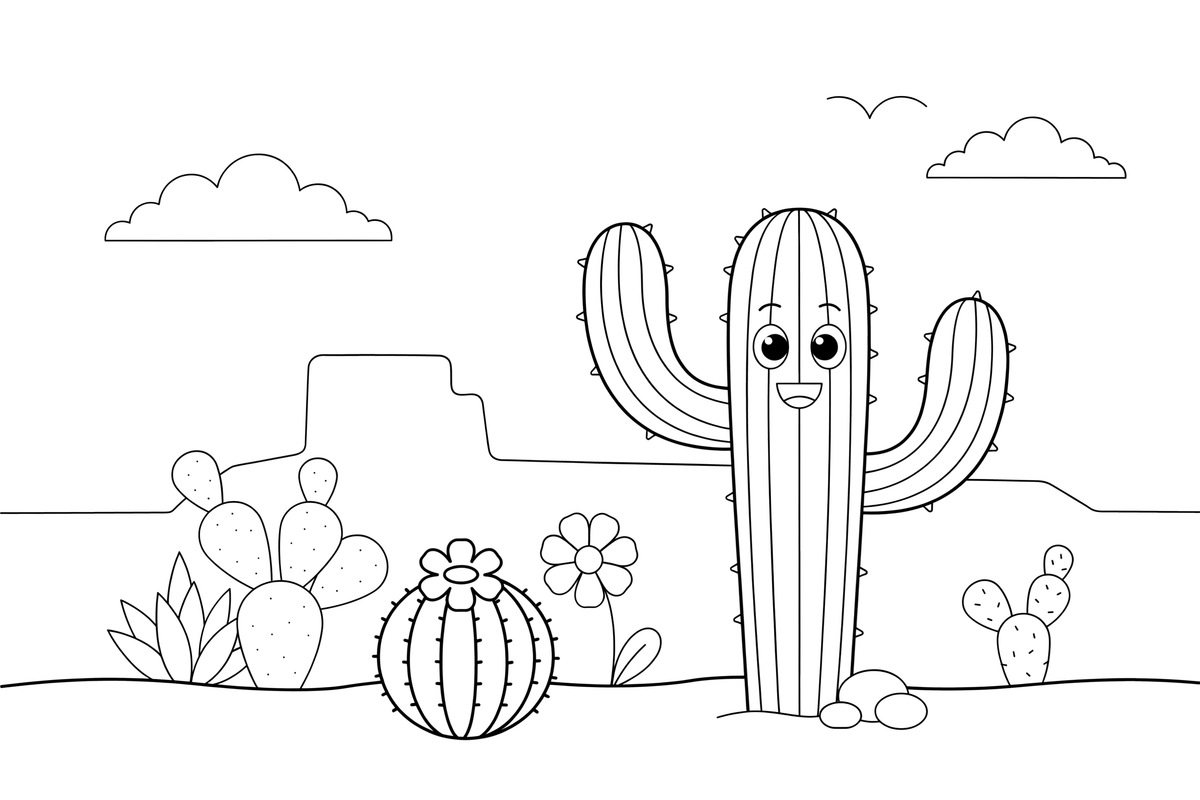 Aukštas saguaro kaktusas – kaktusų ir sukulentų spalvinimo paveiksliukas