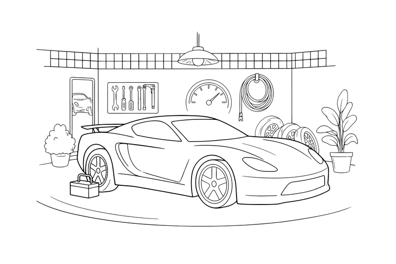 Pastatytas aptakus, žemas sportinis automobilis – sportinių automobilių spalvinimo paveiksliukas