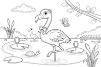 Flamingas išlenkia ilgą kaklą S raidės forma – flamingų tvenkinio spalvinimo paveiksliukas