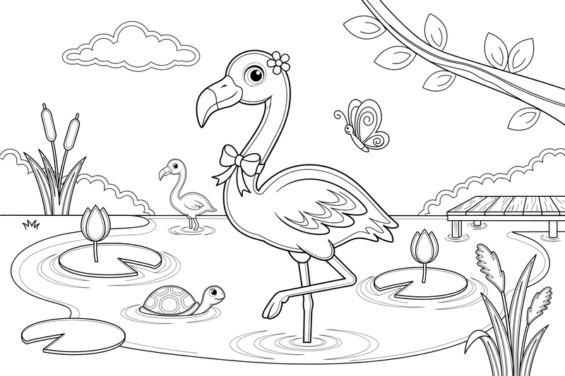 Flamingas išlenkia ilgą kaklą S raidės forma – flamingų tvenkinio spalvinimo paveiksliukas