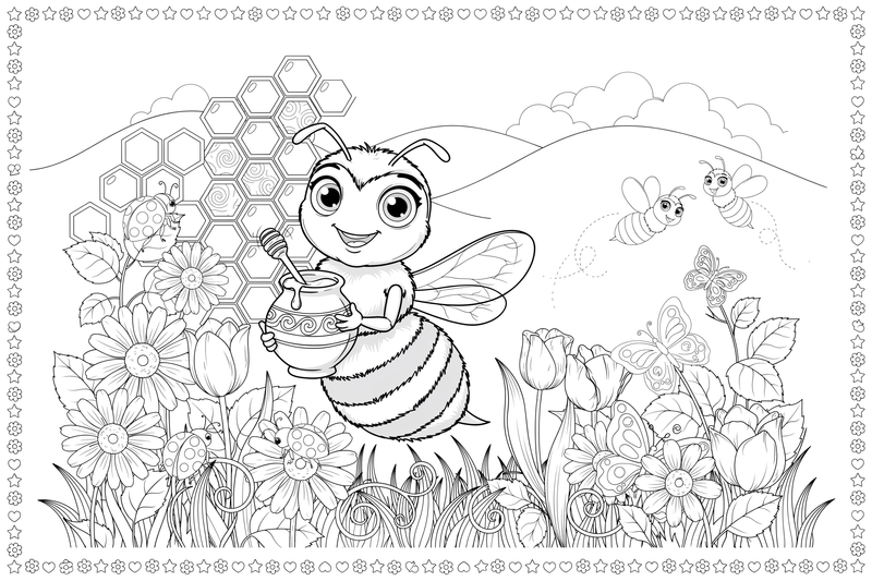 A bee holding a little honey pot – Bee coloring page