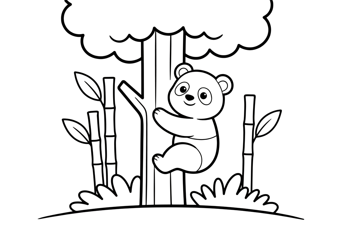 Panda lipa į medį – žaismingos pandos spalvinimo paveiksliukas
