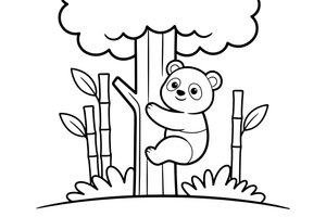 Panda lipa į medį – žaismingos pandos spalvinimo paveiksliukas