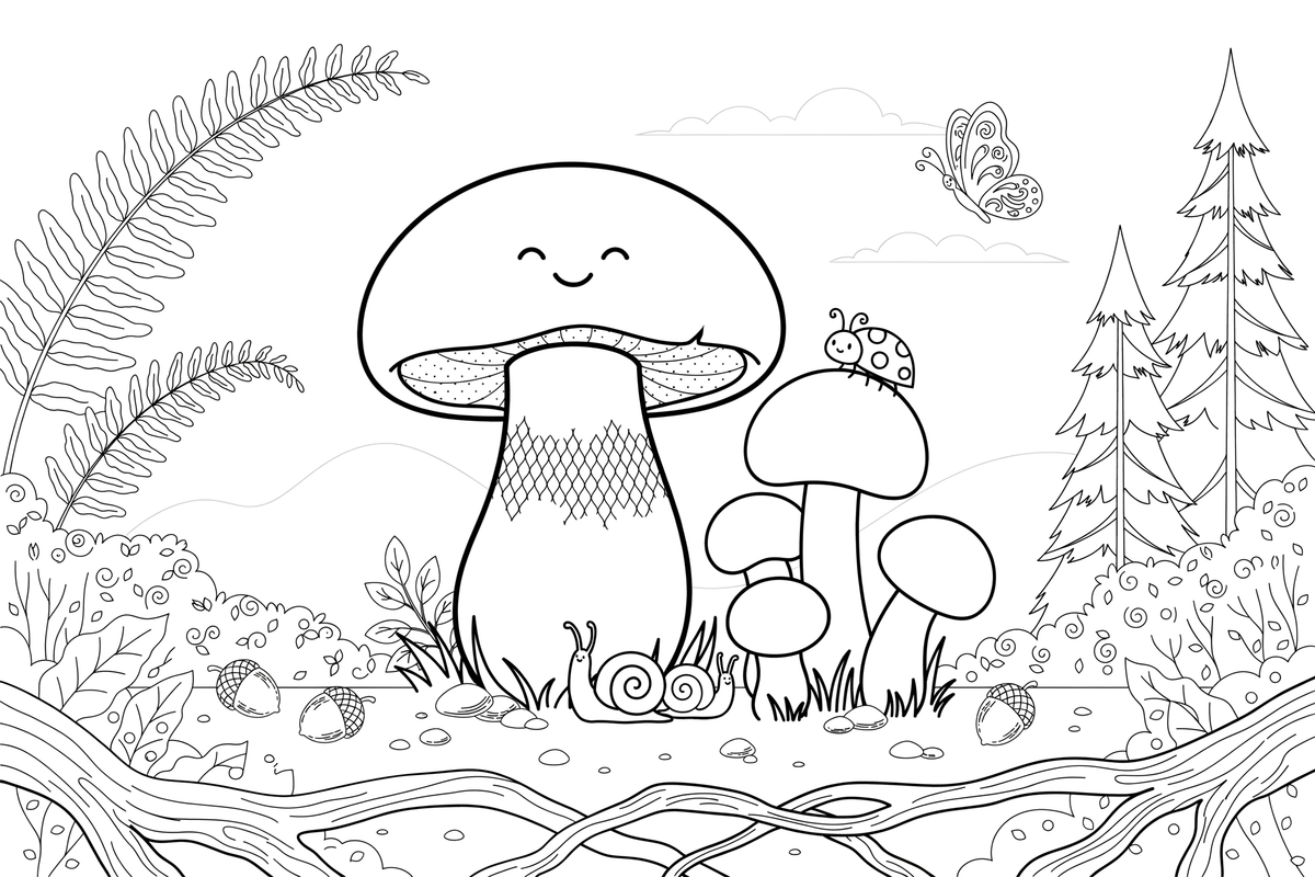 A porcini mushroom (cep) with a thick stem and a round cap – Mushrooms coloring page
