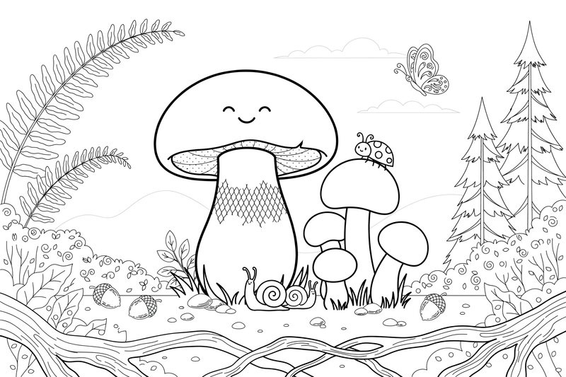 A porcini mushroom (cep) with a thick stem and a round cap – Mushrooms coloring page