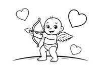 Mažas kupidonas šauna strėlę su širdele – Valentino dienos spalvinimo paveiksliukas