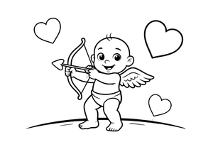 Mažas kupidonas šauna strėlę su širdele – Valentino dienos spalvinimo paveiksliukas