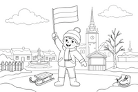 Vaikas laiko mažą trispalvę vėliavėlę – Lietuvos valstybės atkūrimo dienos spalvinimo paveiksliukas