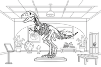 Didelis dinozauro skeletas, stovintis muziejaus salėje – muziejaus spalvinimo paveiksliukas