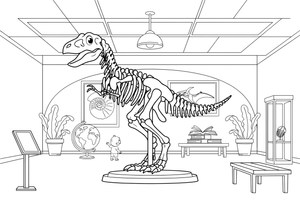 Didelis dinozauro skeletas, stovintis muziejaus salėje – muziejaus spalvinimo paveiksliukas