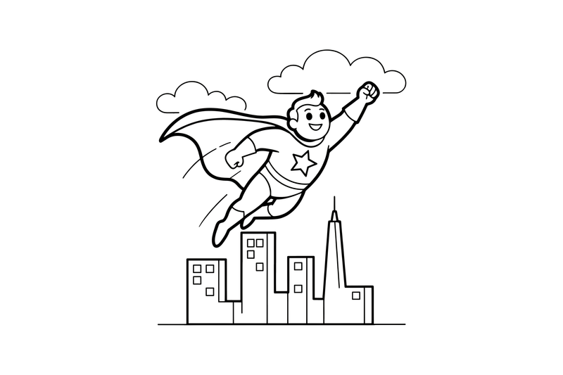 Superherojus su apsiaustu skrenda dangumi – superherojaus spalvinimo paveiksliukas