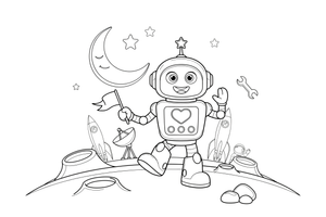 Robotas vaikšto Mėnulyje – judraus roboto spalvinimo paveiksliukas