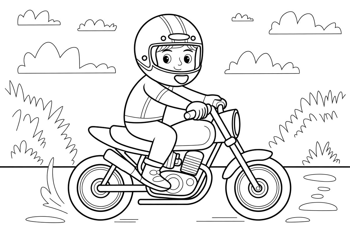 Motociklininkas su šalmu – motociklų triukų spalvinimo paveiksliukas