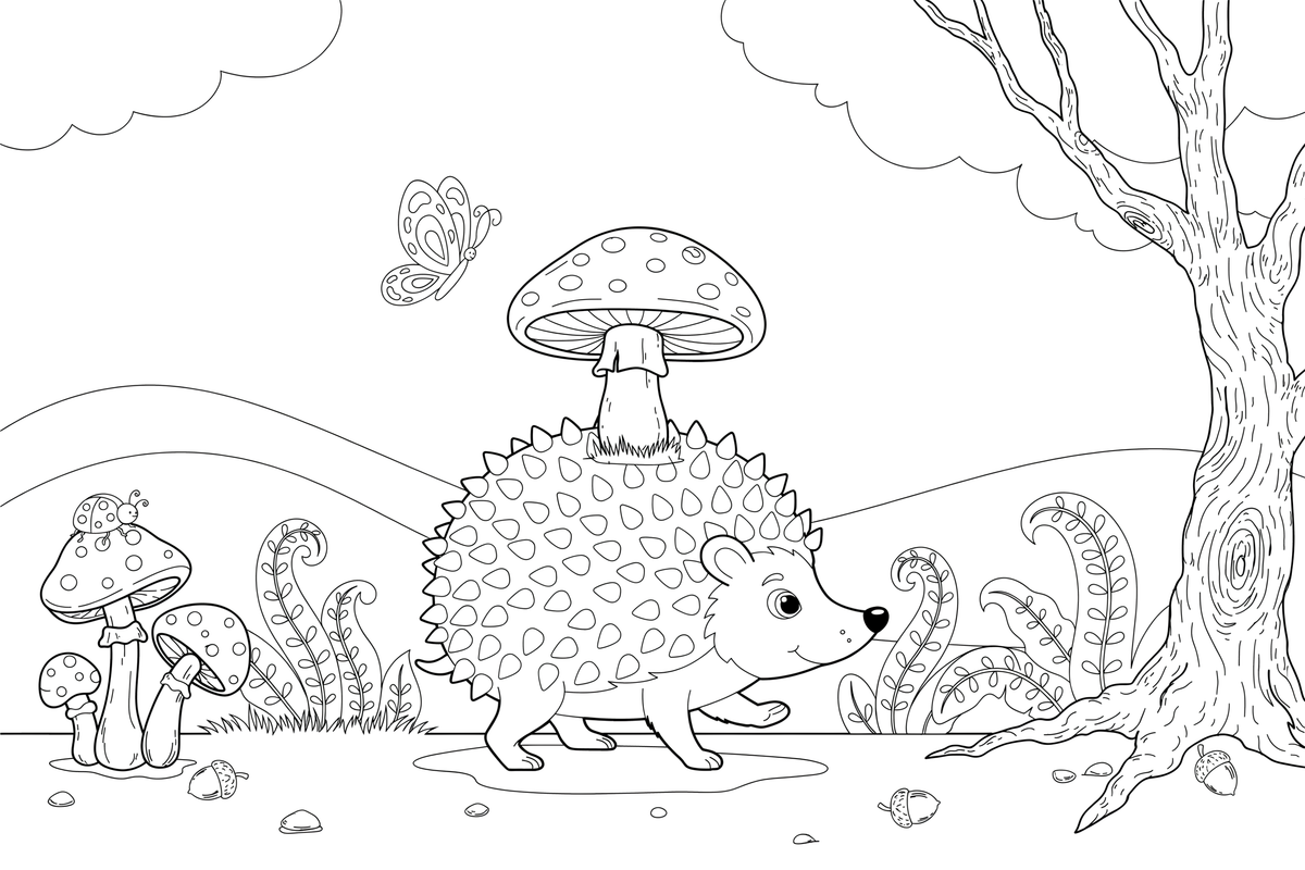 A hedgehog carrying a mushroom on its spines – Hedgehog coloring page