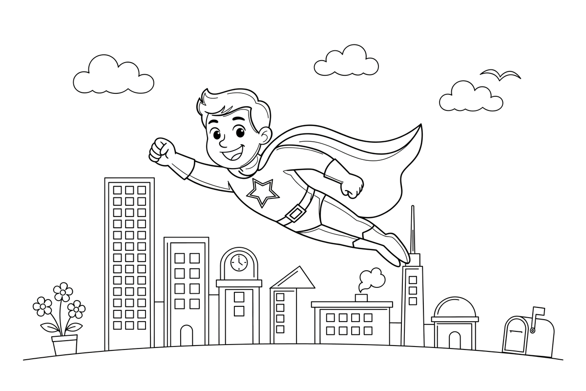 Superherojus su apsiaustu skrenda dangumi – superherojaus spalvinimo paveiksliukas