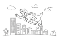 Superherojus su apsiaustu skrenda dangumi – superherojaus spalvinimo paveiksliukas