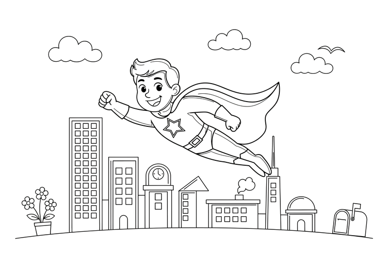 Superherojus su apsiaustu skrenda dangumi – superherojaus spalvinimo paveiksliukas