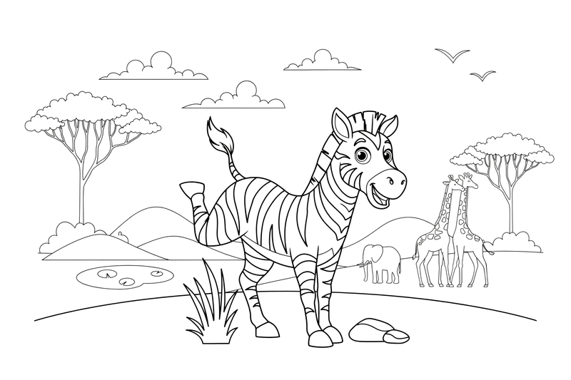 Zebras linksmai spardosi – šuoliuojančio zebro spalvinimo paveiksliukas