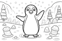 Linksmas pingvinas sniege – snieguoto pingvino spalvinimo paveiksliukas
