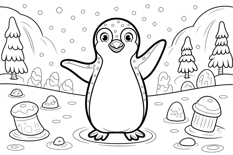 Linksmas pingvinas sniege – snieguoto pingvino spalvinimo paveiksliukas