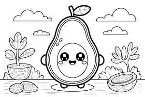 Mielas kawaii avokadas su mažytėmis akutėmis ir šypsena – mielų maisto veidukų spalvinimo paveiksliukas