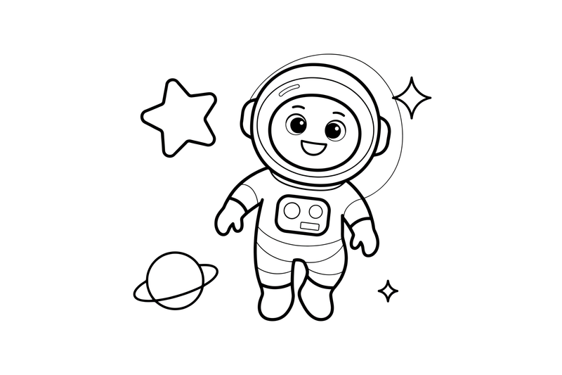 Astronautas sklando kosmose tarp žvaigždžių – astronauto spalvinimo paveiksliukas