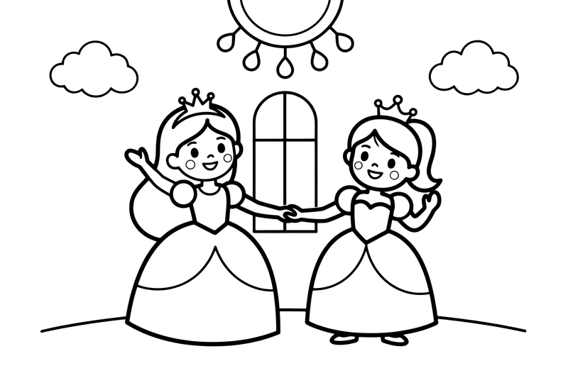 Princesės šoka baliuje – princesių karališkų akimirkų spalvinimo paveiksliukas