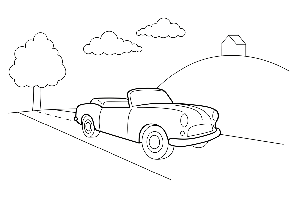 Senovinis automobilis nuleistu stogu važiuoja kaimo keliuku – įvairių automobilių spalvinimo paveiksliukas