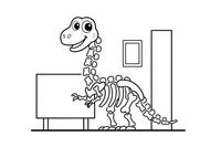 Didelis dinozauro skeletas, stovintis muziejaus salėje – muziejaus spalvinimo paveiksliukas