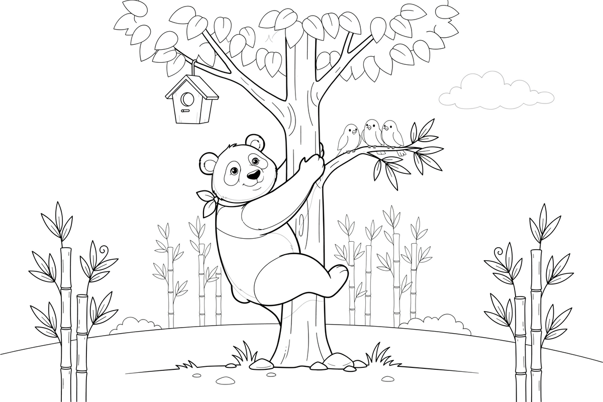 Panda lipa į medį – žaismingos pandos spalvinimo paveiksliukas