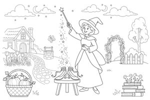 Fėja krikštamotė barsto stebuklingas dulkes ant batelių – fėjos krikštamotės burtų spalvinimo paveiksliukas