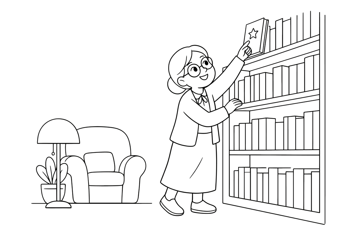 Bibliotekininkas su akiniais rodo į knygą aukštoje lentynoje, iš arti – jaukios bibliotekos spalvinimo paveiksliukas