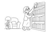 Bibliotekininkas su akiniais rodo į knygą aukštoje lentynoje, iš arti – jaukios bibliotekos spalvinimo paveiksliukas