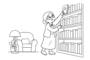 Bibliotekininkas su akiniais rodo į knygą aukštoje lentynoje, iš arti – jaukios bibliotekos spalvinimo paveiksliukas