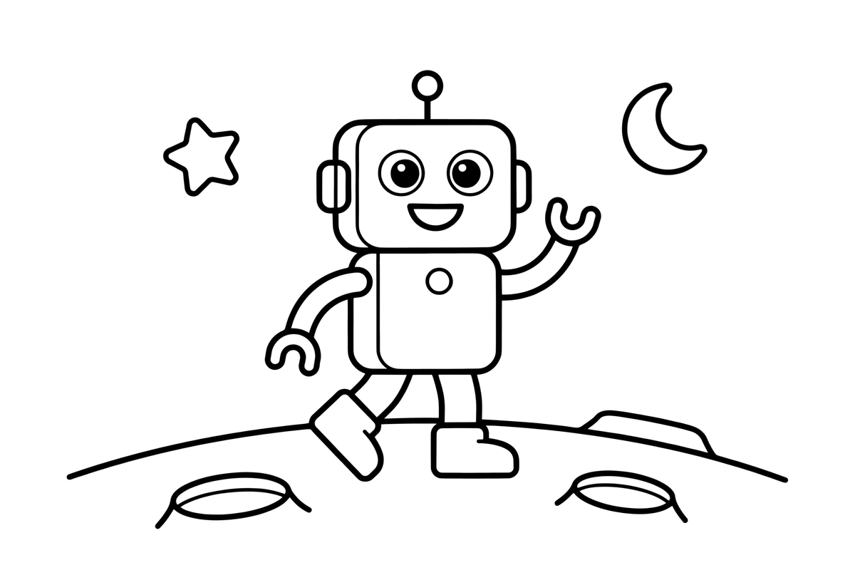 Robotas vaikšto Mėnulyje – judraus roboto spalvinimo paveiksliukas