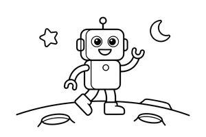 Robotas vaikšto Mėnulyje – judraus roboto spalvinimo paveiksliukas