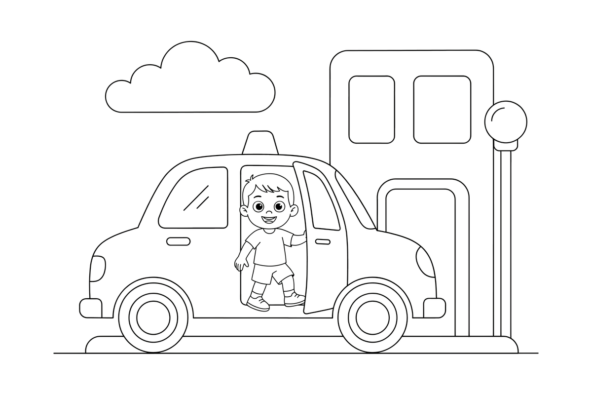 Taksi išleidžia keleivį – miesto transporto spalvinimo paveiksliukas