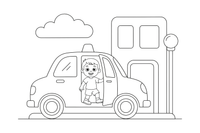 Taksi išleidžia keleivį – miesto transporto spalvinimo paveiksliukas