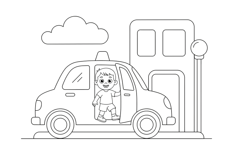 Taksi išleidžia keleivį – miesto transporto spalvinimo paveiksliukas